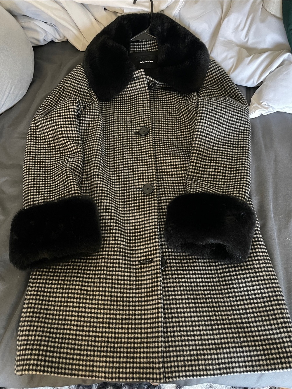 REFORMATION Black and White Houndstooth Pea Coat with Black Faux Fur Trim